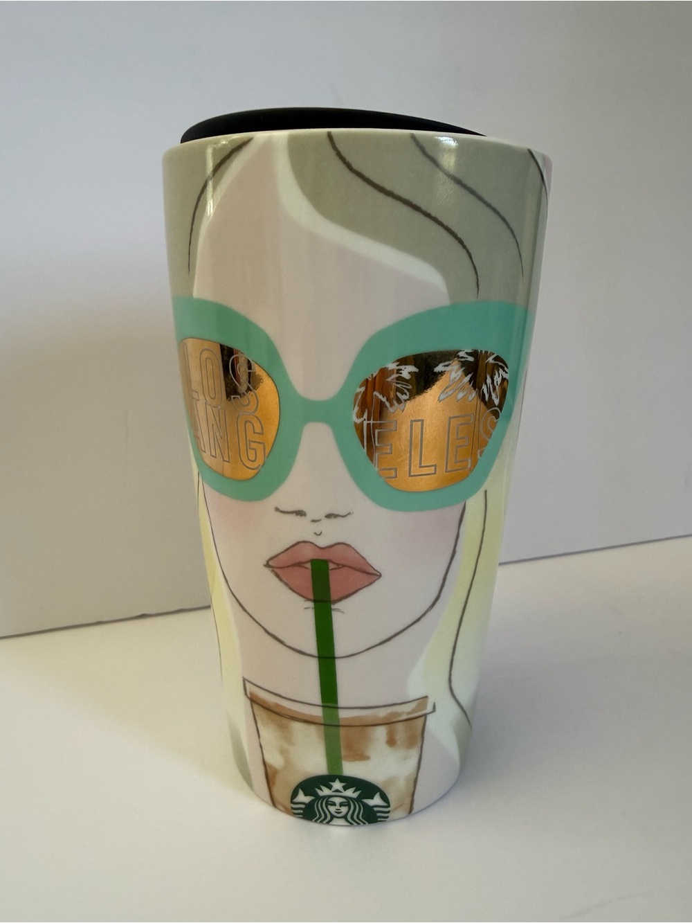 Starbucks Los Angeles Sunglasses & Gold Lens Ceramic Travel Tumbler